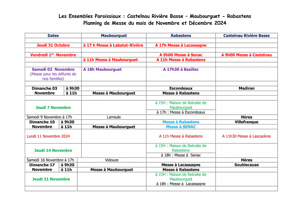 Planning messes novembre décembre 2024 Rivière-Basse Maubourguet Rabastens