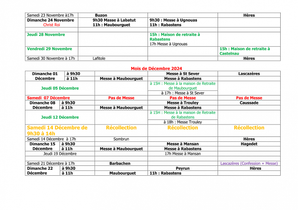 Planning messes novembre décembre 2024 Rivière-Basse Maubourguet Rabastens