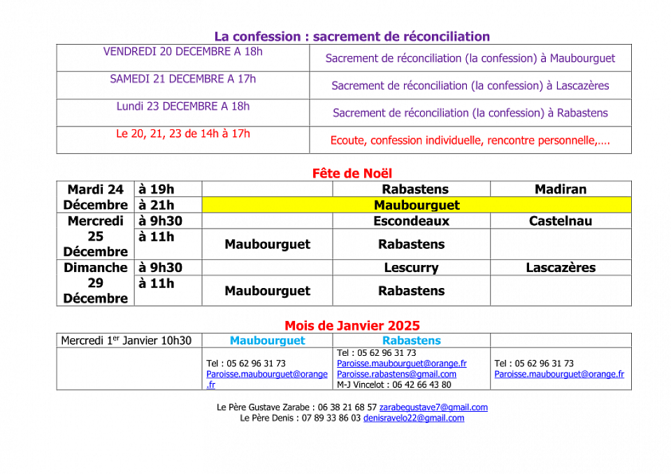 Planning messes novembre décembre 2024 Rivière-Basse Maubourguet Rabastens