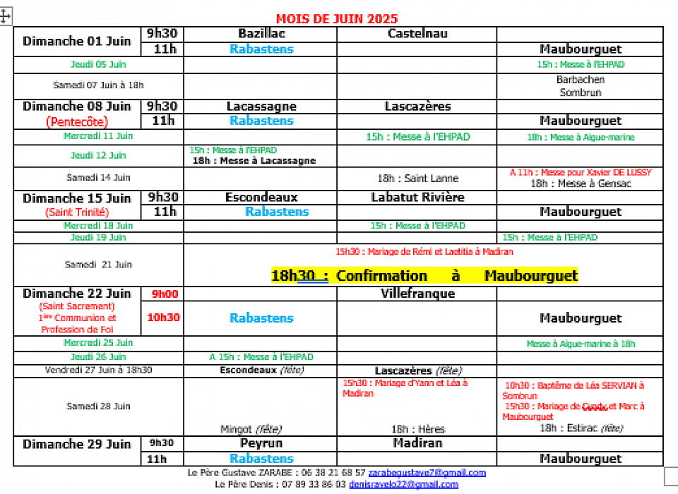 Planning messes juin 2025 Rivière-Basse Maubourguet Rabastens