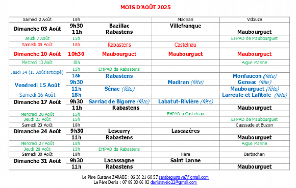 Planning messes juin 2025 Rivière-Basse Maubourguet Rabastens
