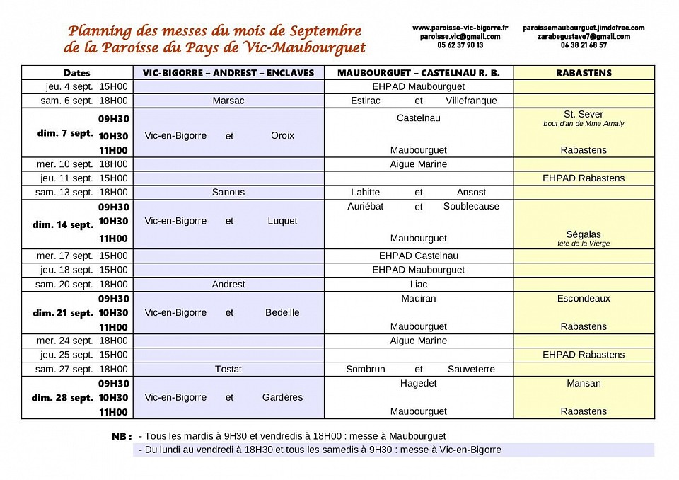 Planning messes septembre pays de Vic-Maubourguet