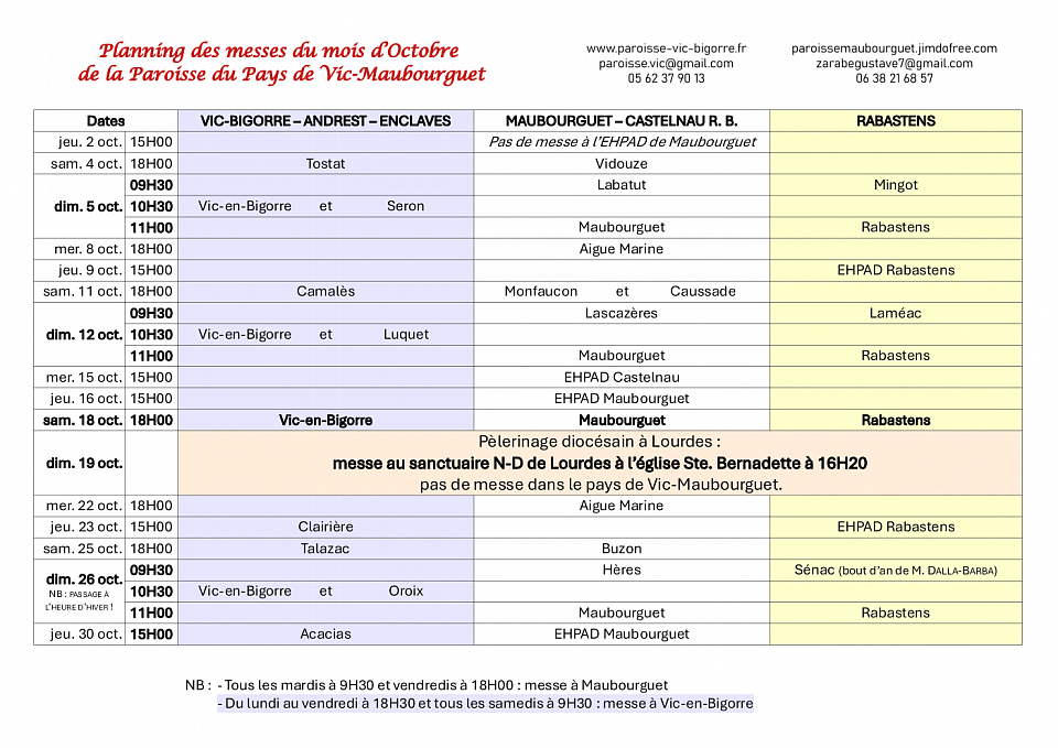 Planning messes septembre pays de Vic-Maubourguet